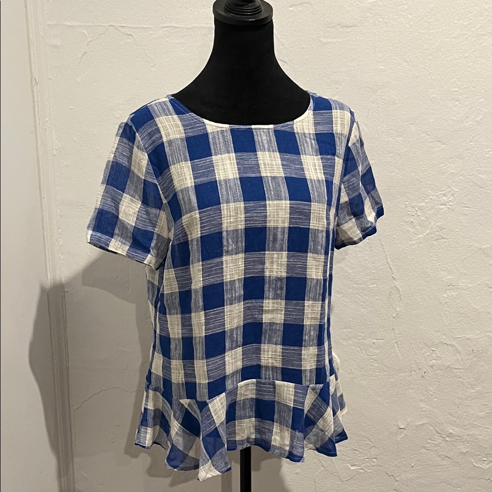 Anthropologie 11.1.Tylho navy and white gingham peplum-style blouse
